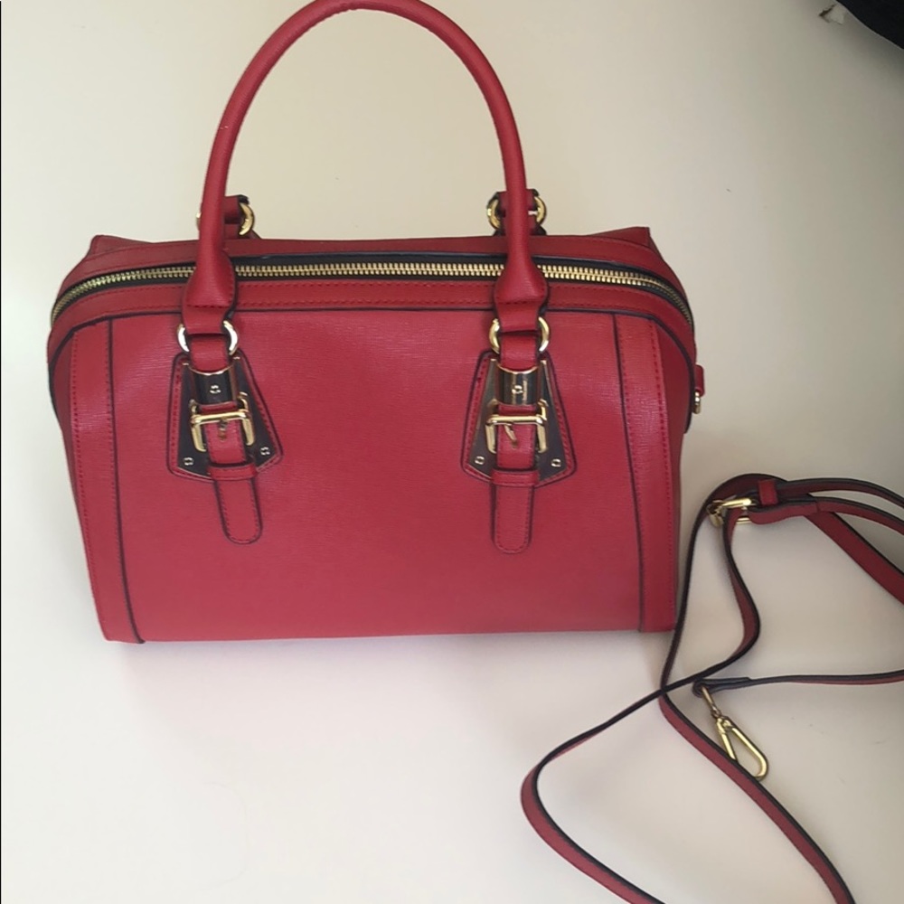 Red vegan leather satchel with crossbody strap